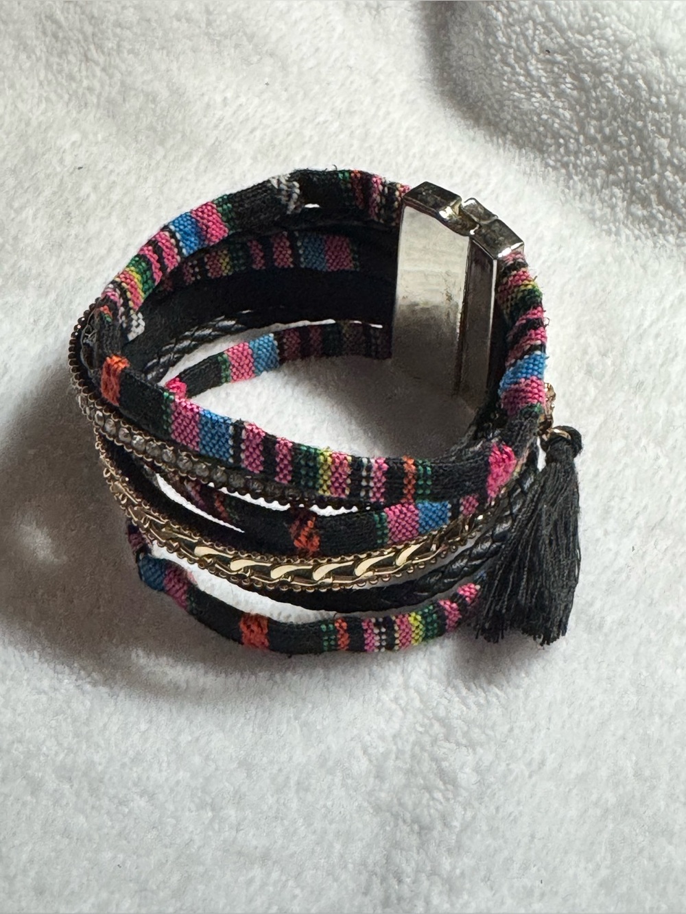 Boho Multi-Color & Gold-tone Magnetic Clasp Bracelet with Black Tassel